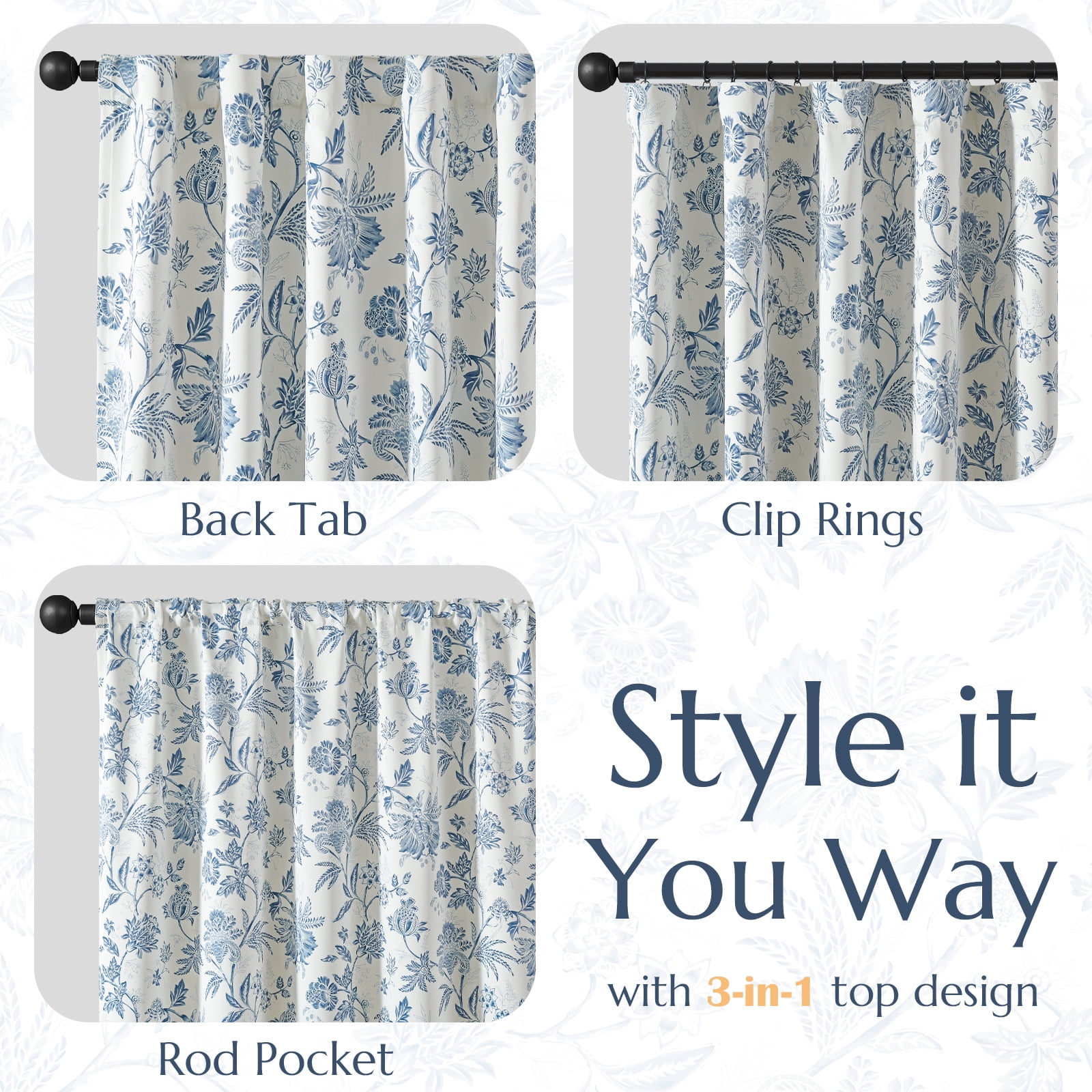 Curtainking Luxury Look Farmhouse Blue Floral Print Rod Pocket Blackout Curtains, 96" (2 Panels)