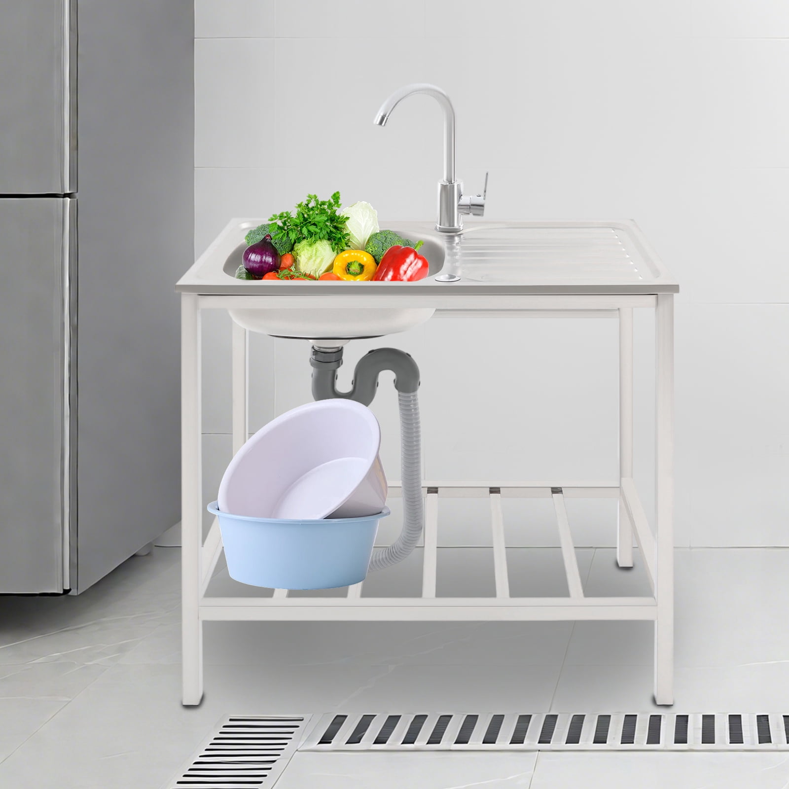 Kitchen Single Bowl Sink with 360° Rotatable Faucet, Catering Sink with Bottom Shelf, Utility Sink