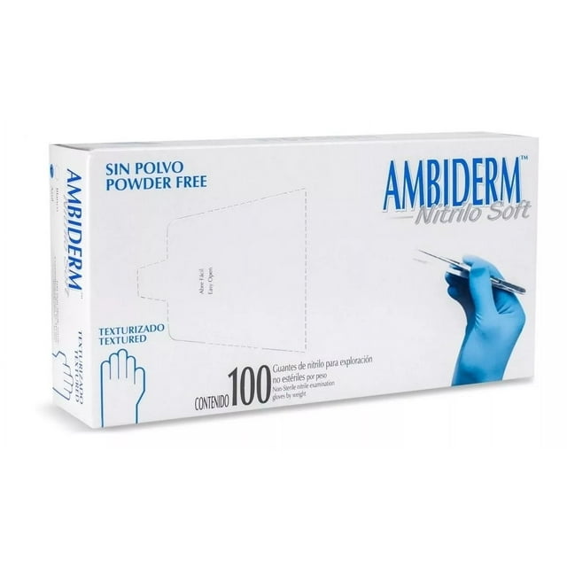 guantes descartables antideslizantes ambiderm soft color azul talle m de nitrilo x 100 unidades Caja blanca frontal con logo Ambiderm, texto "sin polvo" y "texturizado", mano con guante azul sujetando pinzas; contenido 100 unidades. Su tamaño compacto los hace adecuados para uso en procedimientos médicos o manipulación de instrumentos.