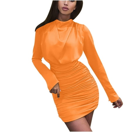 

Women Soild Color Dress Tunic Waist Slim Long Sleeve Fashion Dress Women Solid Dress Corset Fashion Dress Orange L