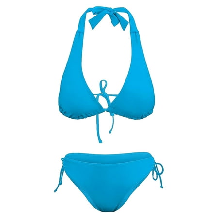 Women s Bikini two-piece swimsuit Sexy halter thong Bikini bottom tie side bikini set - Light blue