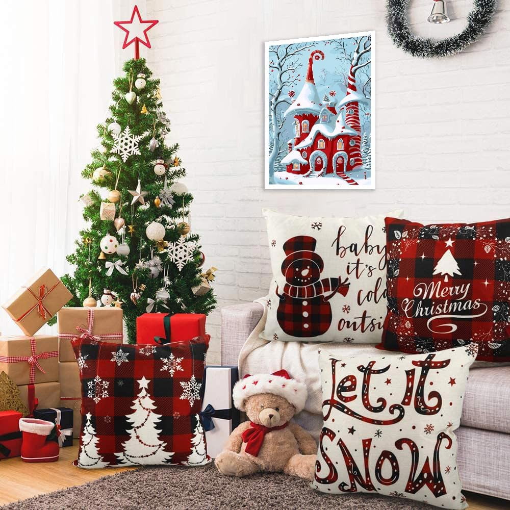 Christmas Paint by Numbers Kit for Adults Beginner - Red House Adult Paint by Number Kits On Canvas Adults' Paint-by-Number Kits DIY Oil Painting Kits for Gift Home Wall Decor 16x20 Inch,MT20310-US