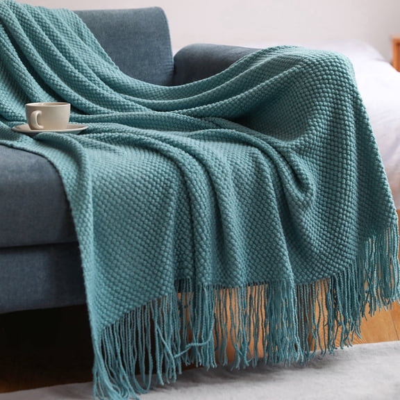 Acrylic Knitted Blanket, Lightweight and Soft Cozy Decorative Woven Blanket with Fringes for Travel, Sofa, Bed, Couch, 130x170 cm