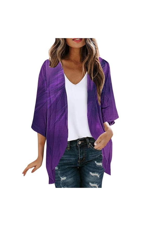 Womens Floral Print Cardigan Plus Size 3/4 Sleeve Open Front Outwear Chiffon Lightweight Casual Loose Jackets (S, Purple)