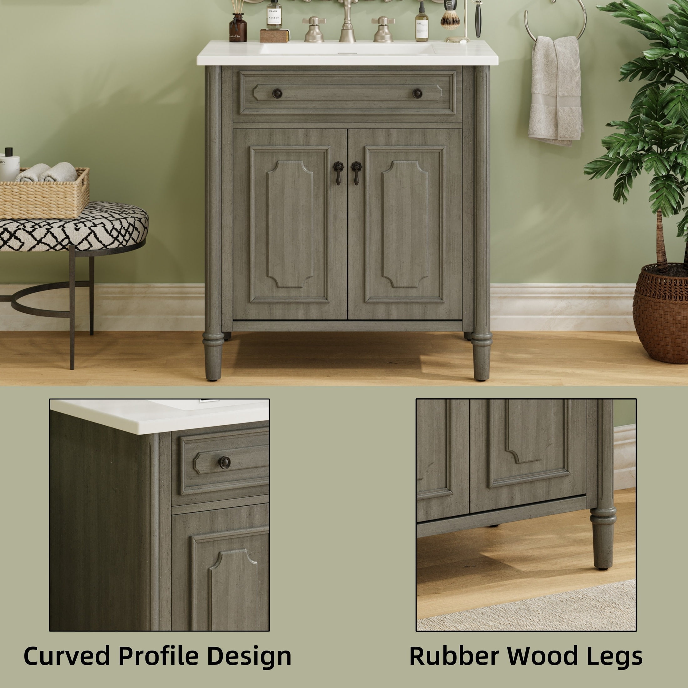 Christopher Knight Home 31" Vintage Bathroom Vanity, Curved Profile MDF Cabinet with Ceramic Sink, Gray