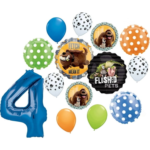 Secret Life of Pets Party Supplies 4th Birthday Max and Duke Balloon Bouquet Decorations Blue Number 4
