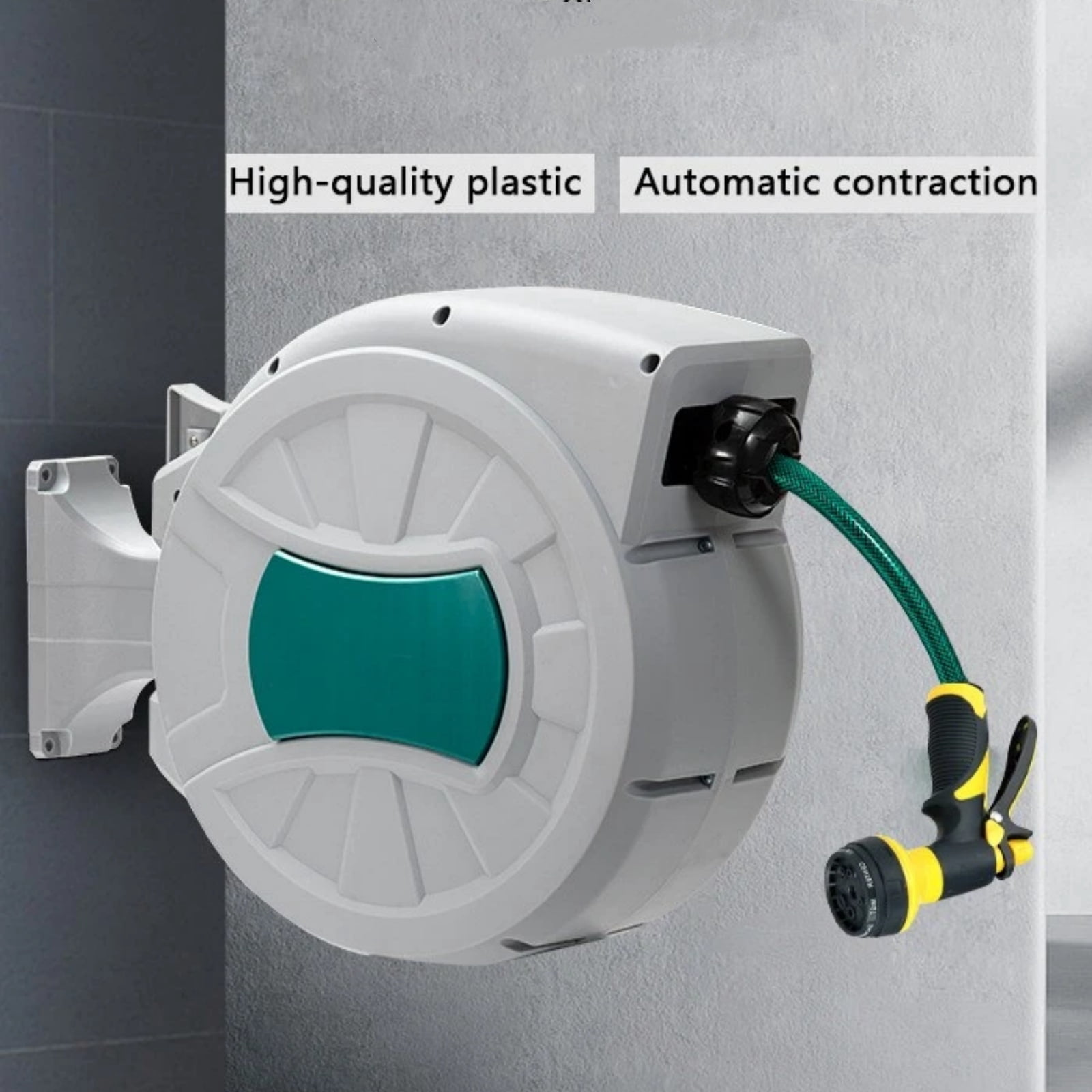 Wisykoke 1/2 in x 82 ft Retractable Garden Hose Reel, 180° Rotatable Wall-Mounted Water Hose Reel with 8-Pattern Spray Nozzle, Auto-Rewind