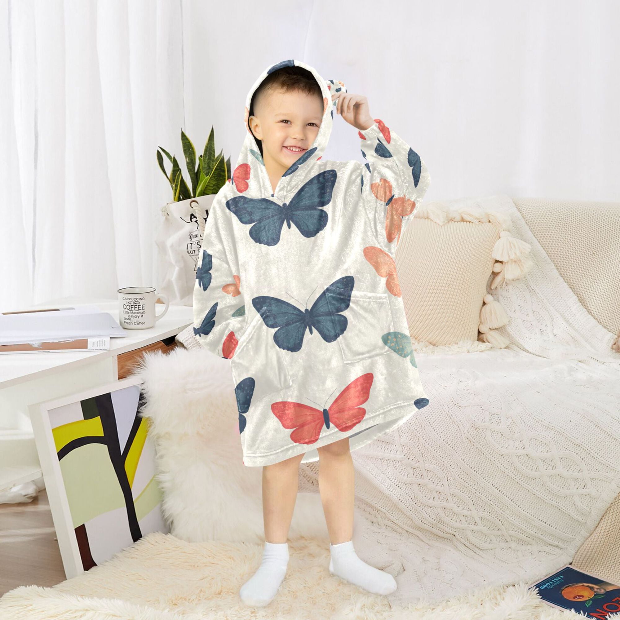 FORMRS Wearable Blanket Hoodie with Sleeves for Kids Cozy Flannel Sweatshirt, Orange Butterflies