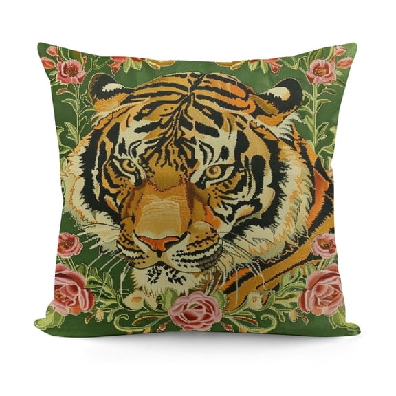 Shiartex  Tiger Throw Pillow Cover Decorative Colorful Flower Emboidered Accent Pillow Case Print Cushion Soft Pillowcase Bed Living Room Couch Bedroom Decor Tassel 18x18 Inches Green
