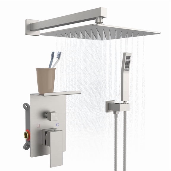 Rain Square Single Handle 1-Spray Shower Faucet 2.5 GPM with 10 in. Shower Heads in Brushed Nickel