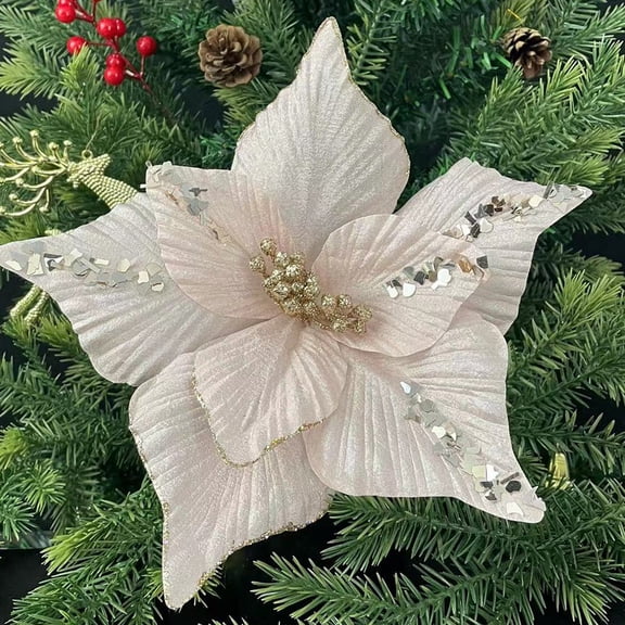 Zhuge 12 Pieces 9.45in Christmas Glitter Christmas Flowers Wedding Faux Flowers Christmas Decoration Ornaments for Christmas Tree New Year Home Outdoor Decoration ,Light Pink