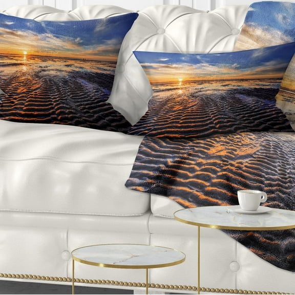 Designart Waves On the Sand During Sunset - Seashore Throw Pillow - 12x20
