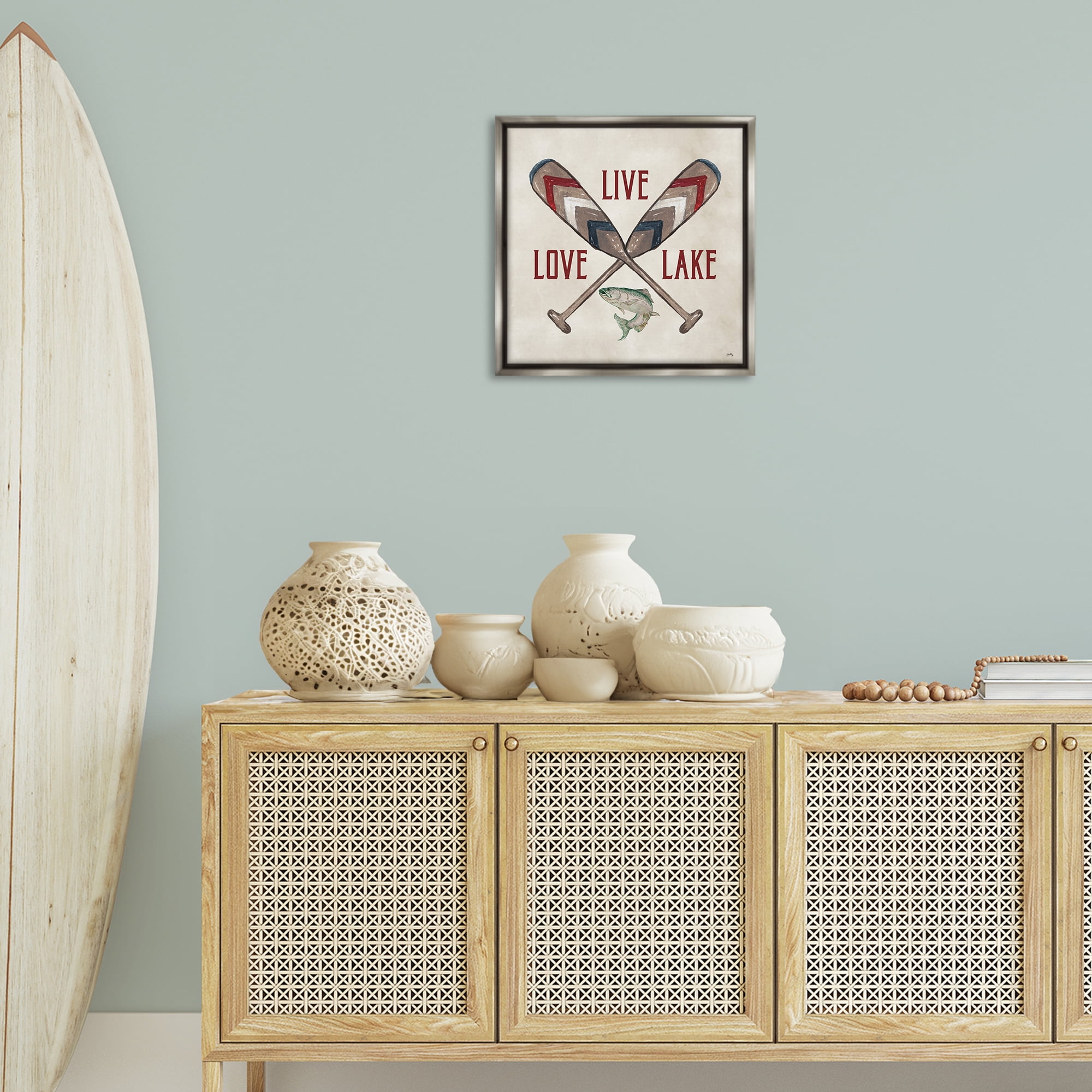 Stupell Industries Live Love Lake Oars Typography Painting Gray Floater Framed Canvas Art Print Wall Art, 18 x 18
