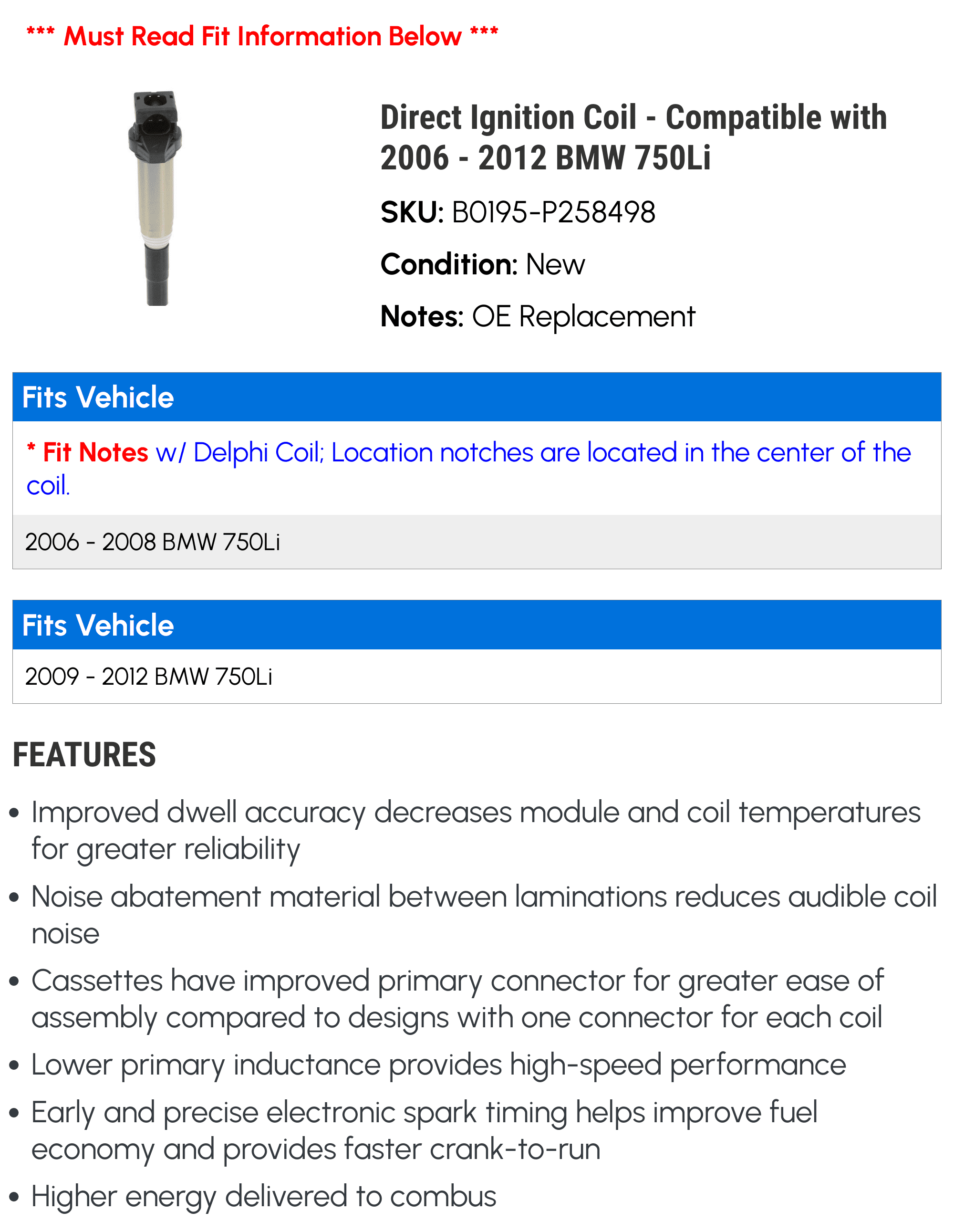 Direct Ignition Coil - Compatible with 2006 - 2012 BMW 750Li 2007 2008 2009 2010 2011