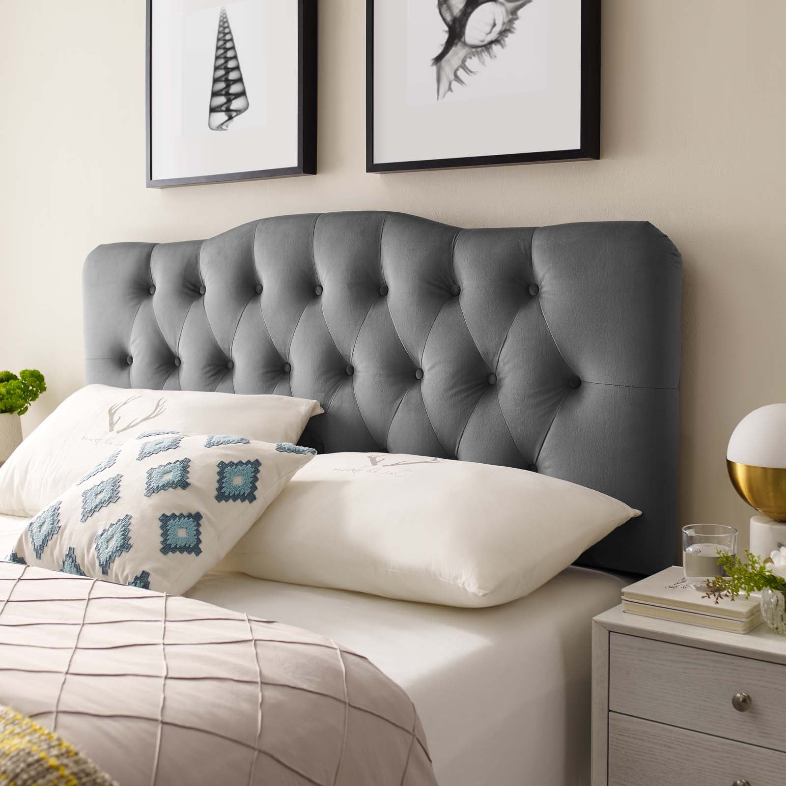 Contemporary Modern Urban Designer Bedroom King Size Tufted Headboard, Velvet Fabric, Grey Gray