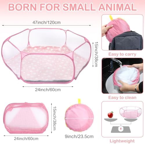 Hamster Playpen with Mat Small Animal Cage Tent Breathable Transparent Guinea Pig Playpen Waterproof Portable Yard Fence Mat Foldable Exercise Playpen Outdoor Indoor (Pink,Star)