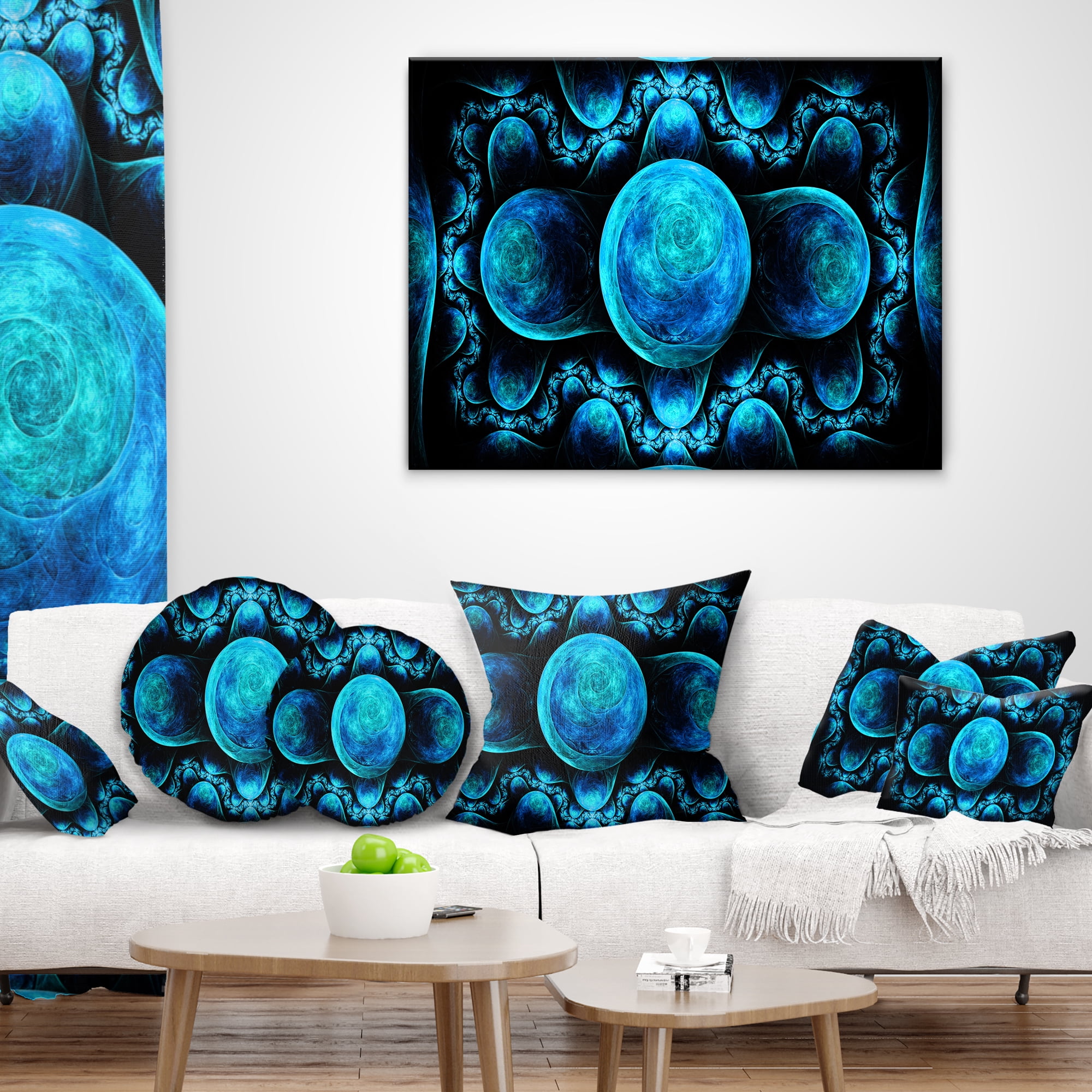 Designart Blue Exotic Pattern on Black - Abstract Throw Pillow - 18x18