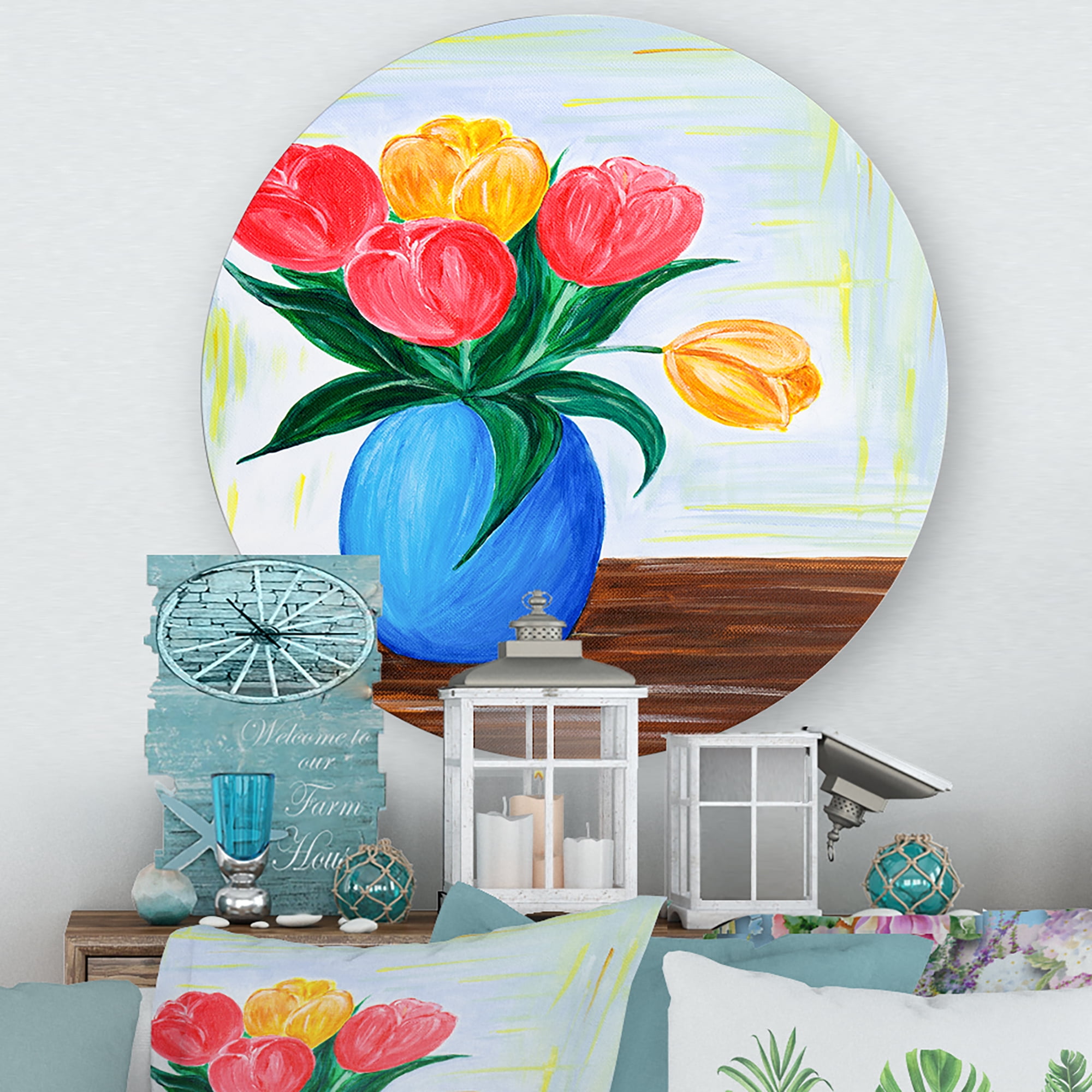 Designart 'Bouquet Of Orange and Red Tulips In A Vase' Traditional Circle Metal Wall Art 23x23 - Disc of 23