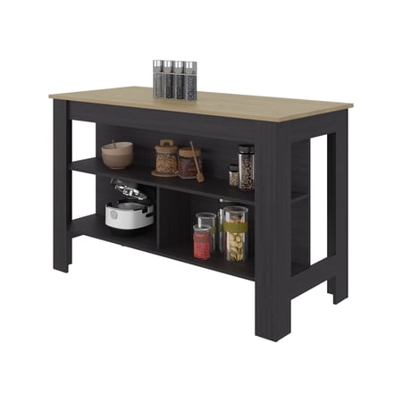 Nmkwnr Modern Island Table with 3 Open Shelves Kitchen Island for Kitchen Dining Room Black