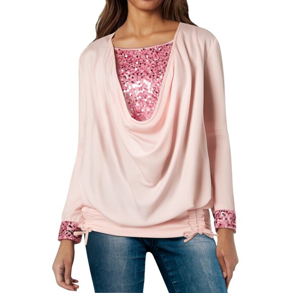 YDLCAFD Long Tshirts for Women Women's Spring and Summer Solid Color Sequin Round Neck Splicing Loose Casual T Shirt Beaded Collision Color Long Sleeve Big Drop Loose Draw Pleated Two Piece Top