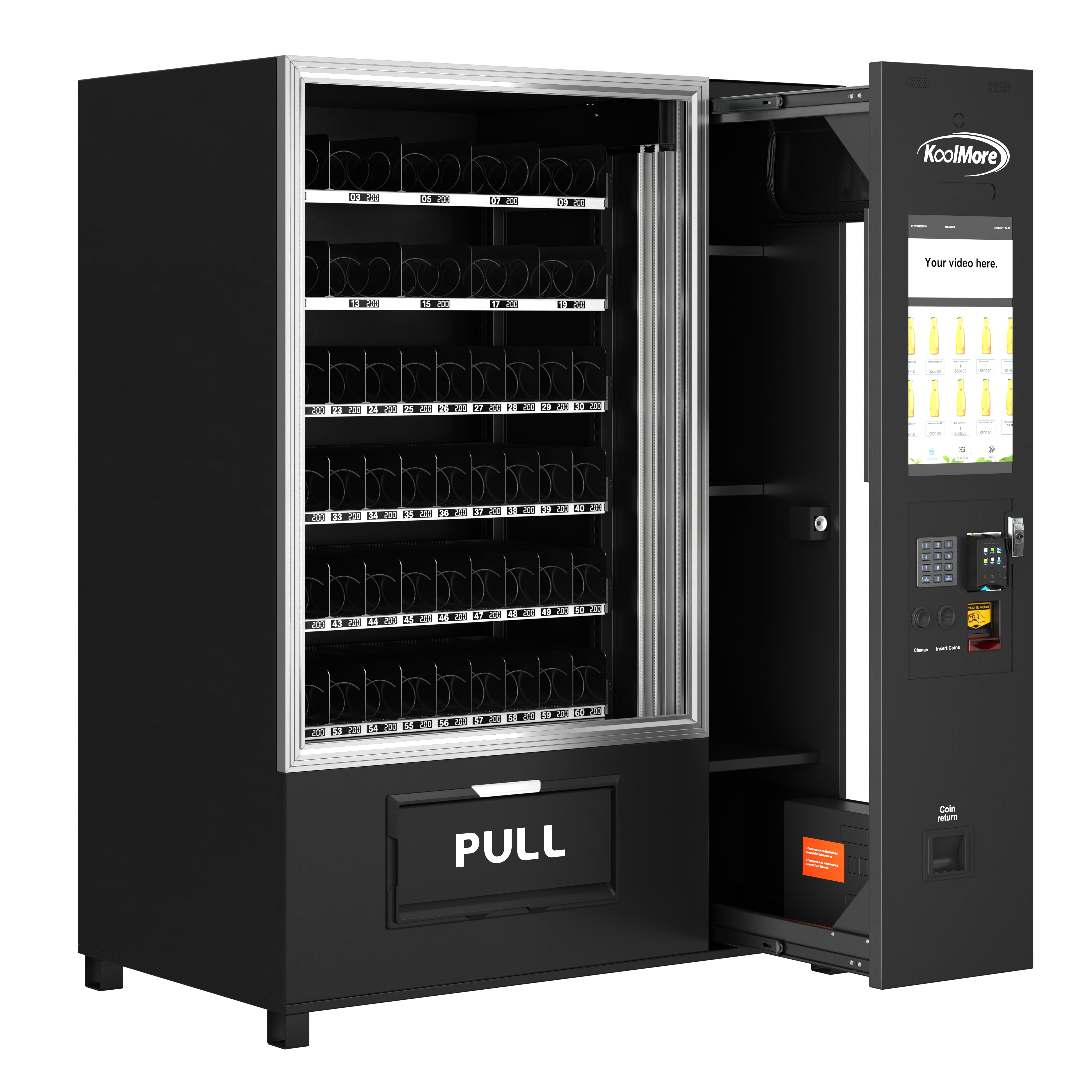 Refrigerated Snack Vending Machine In Black With 66 Slots and 21.5 Inch Touch Display Featuring Elevator-Lift Dispensing System,Bill Acceptor, Credit Card Reader, Wifi and 4G Connectivity