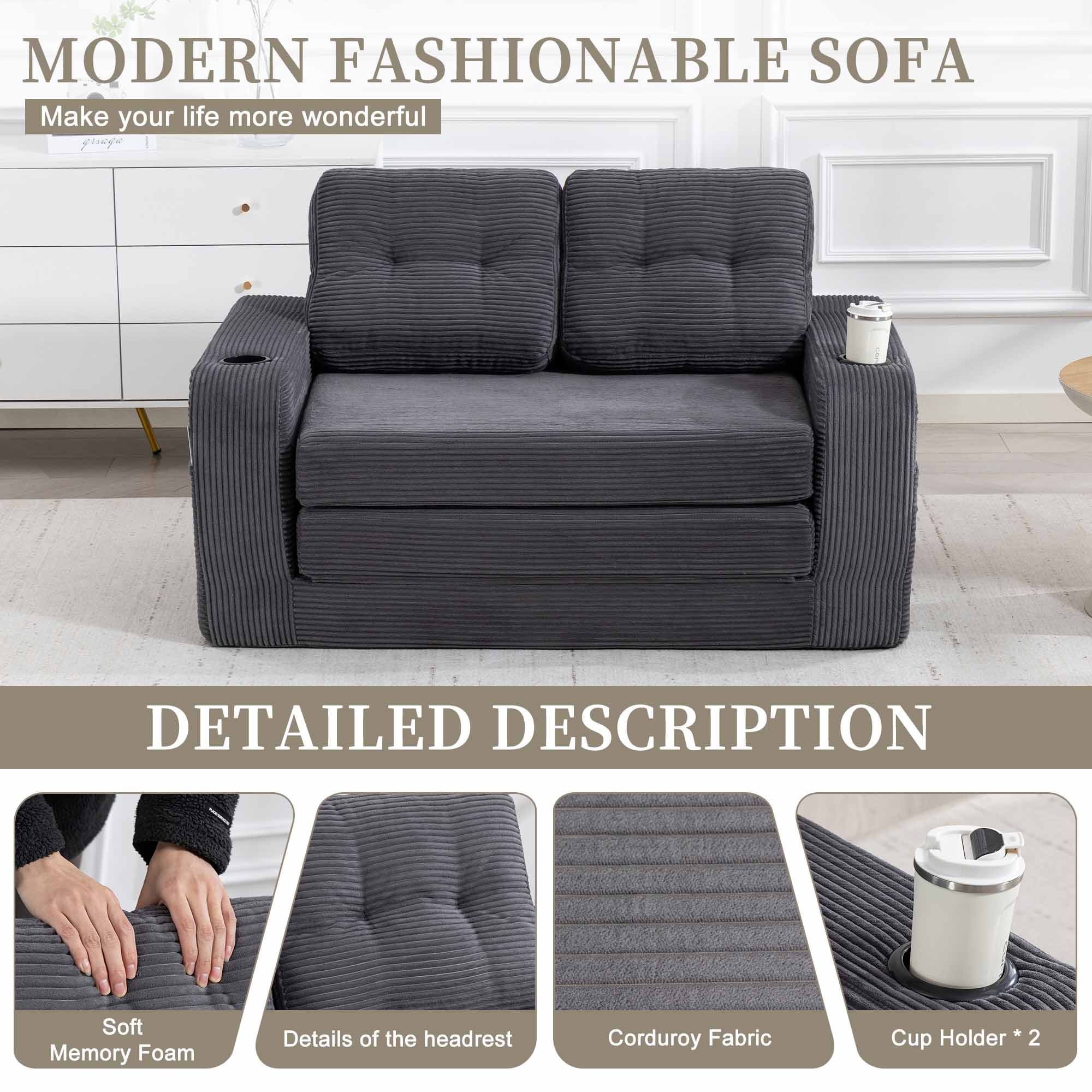 Lunale 54" Convertible Sofa Bed, Small Boneless Cloud Couch with Cup Holders, No Assembly Required, Corduroy Floor Sleeper Sofa, Gray