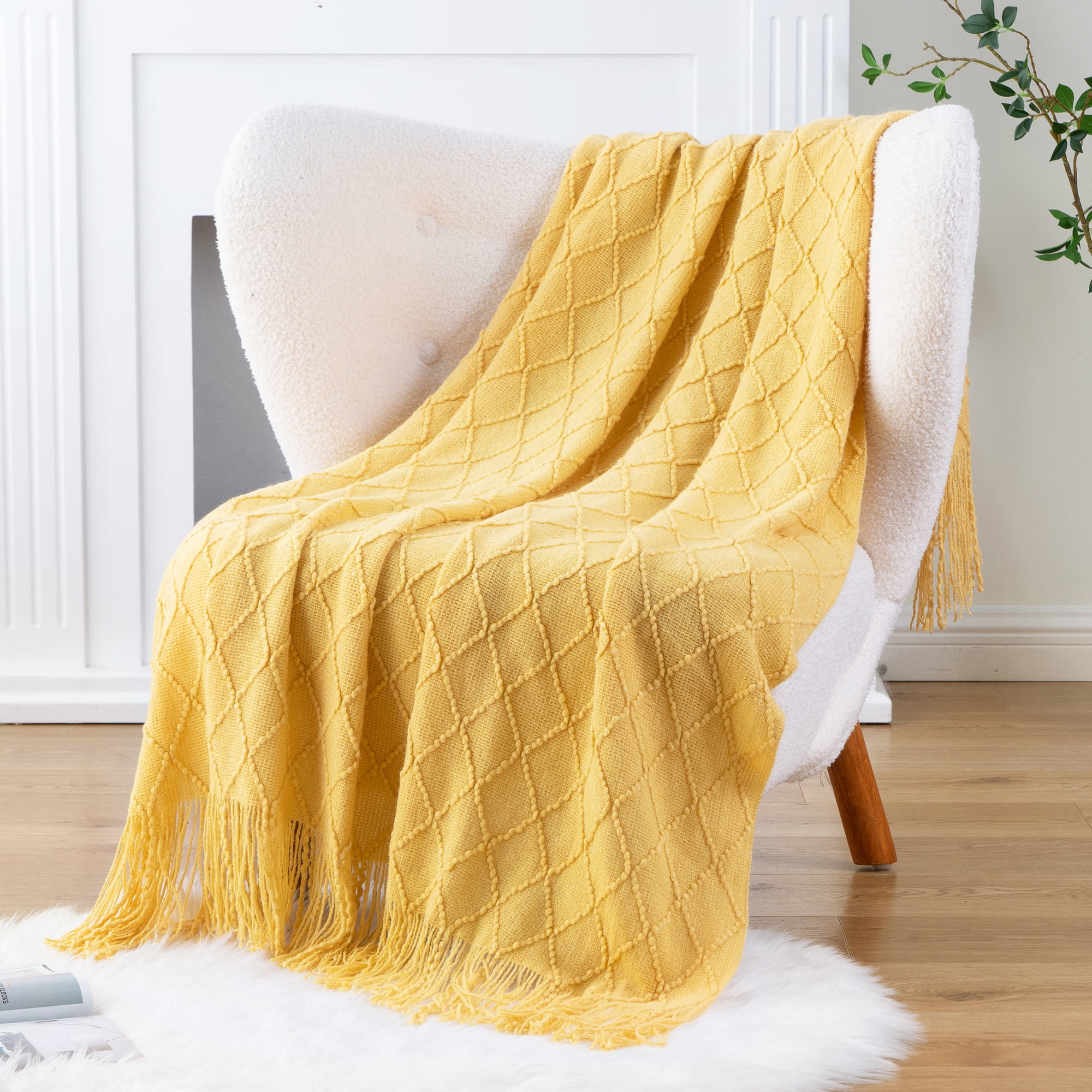 Battilo Mustard Throw Blanket for Couch,Gold Yellow Knit Throw with Fringe,Outdoor Throw ,50"x60"