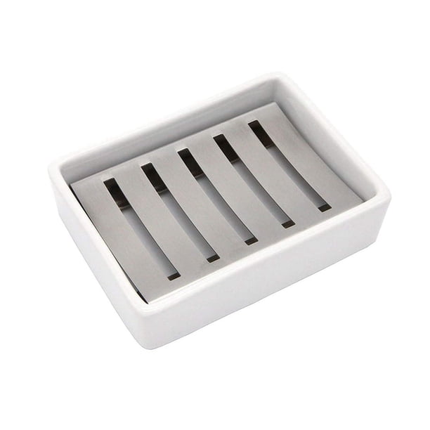 Jabonera de cerámica, soporte de acero inoxidable para baño y ducha, caja de jabón con drenaje de doble capa