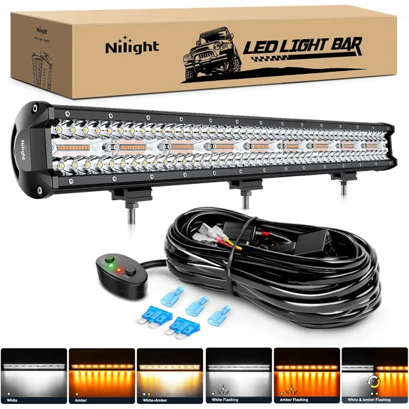 Nilight 26Inch 540W LED Light Bar Spot Flood Amber White Strobe 6 Modes with Memory Function Off-Road Truck Car ATV SUV Cabin Boat with 16AWG Wiring Harness Kit-1 Lead, 2 Years Warranty