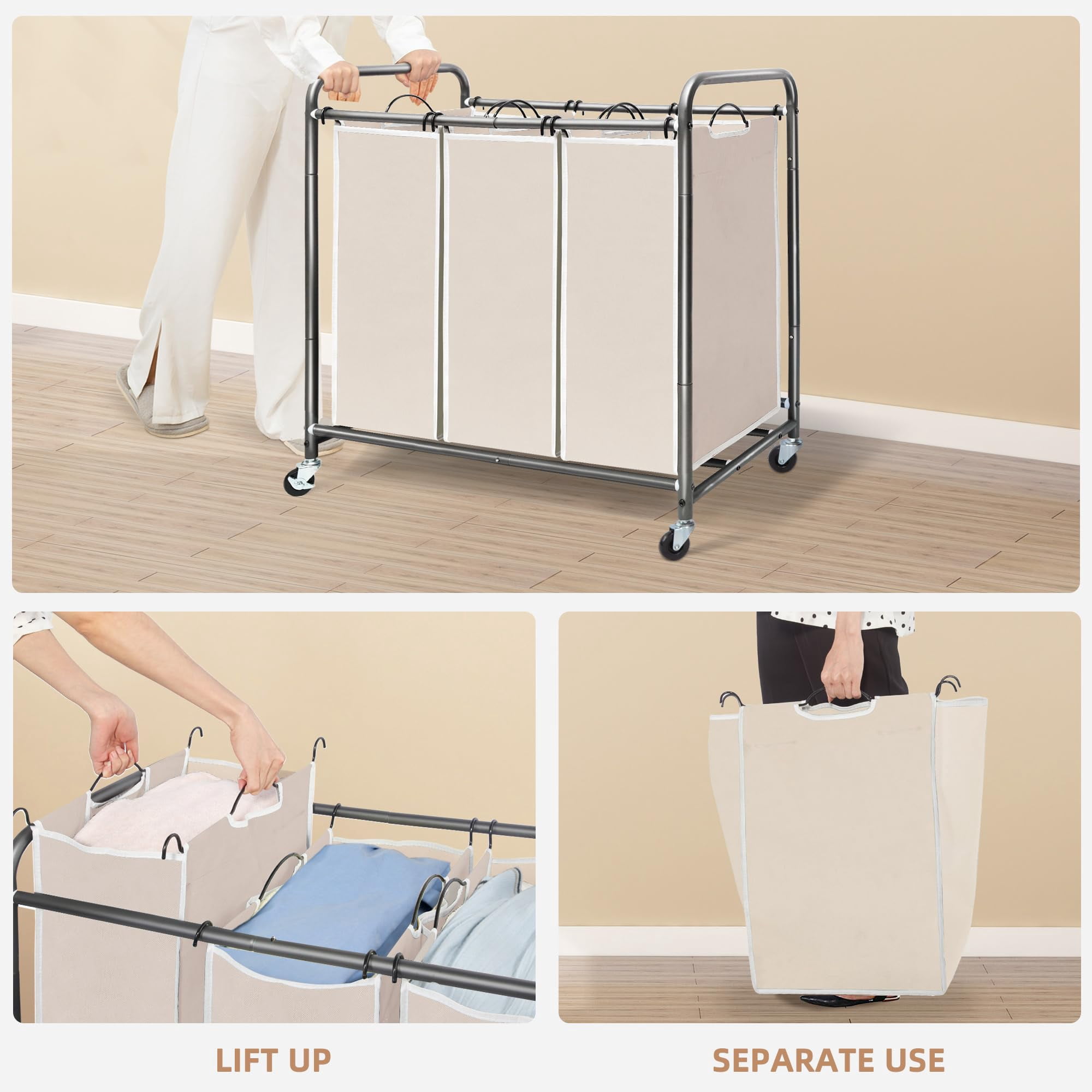 Laundry Sorter 4 Section, 47.8 Gal (181 L) Laundry Hamper with Wheels, Clothes Divider Basket Sorter, Clothes Separator Hamper Cart with Wheels and Removable Bags, Black