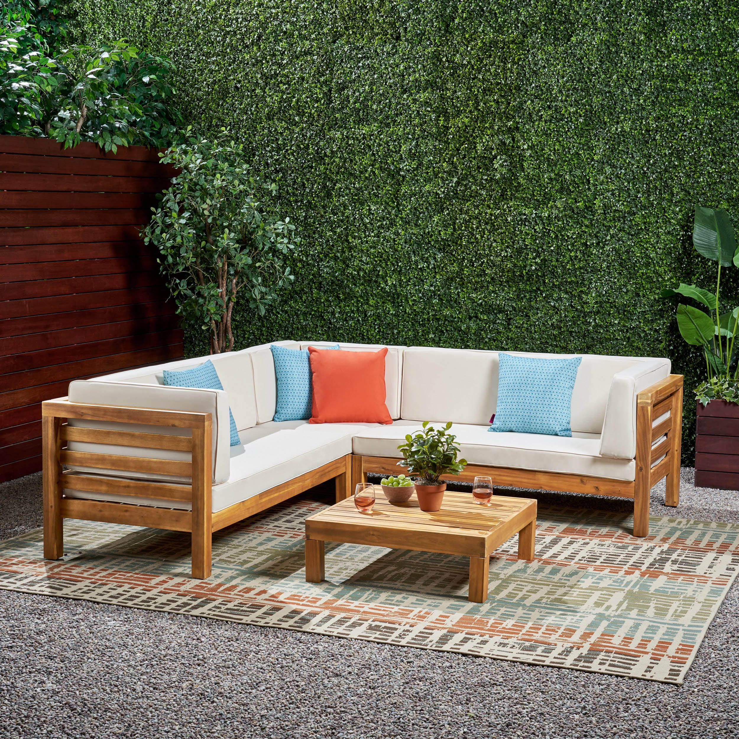 Argentine 4 Piece Outdoor Wooden Sectional Set with Cushions, Teak