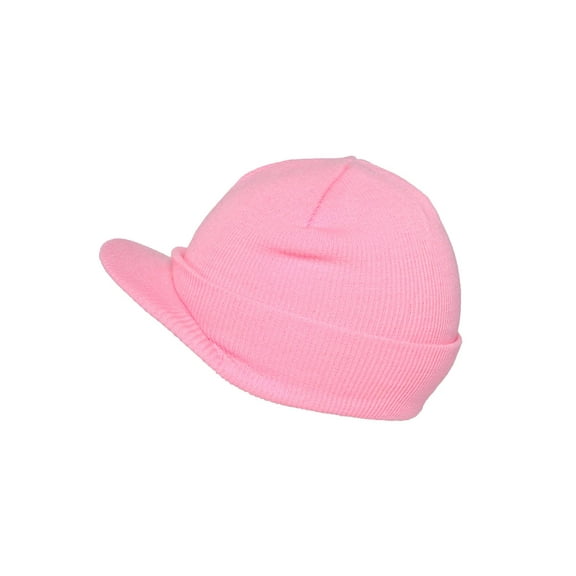 Knit Brim Ski Hat - Winter Visor Cap Skull Beanie (Pink)