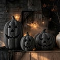 thumbnail image 3 of Halloween Decor - Black Pumpkin Ornament, Dark Resin Jack O Lantern Statue, Spooky Carved Pumpkin Decor for Porch Mantel Tabletop Home Party Decoration, 3 of 5