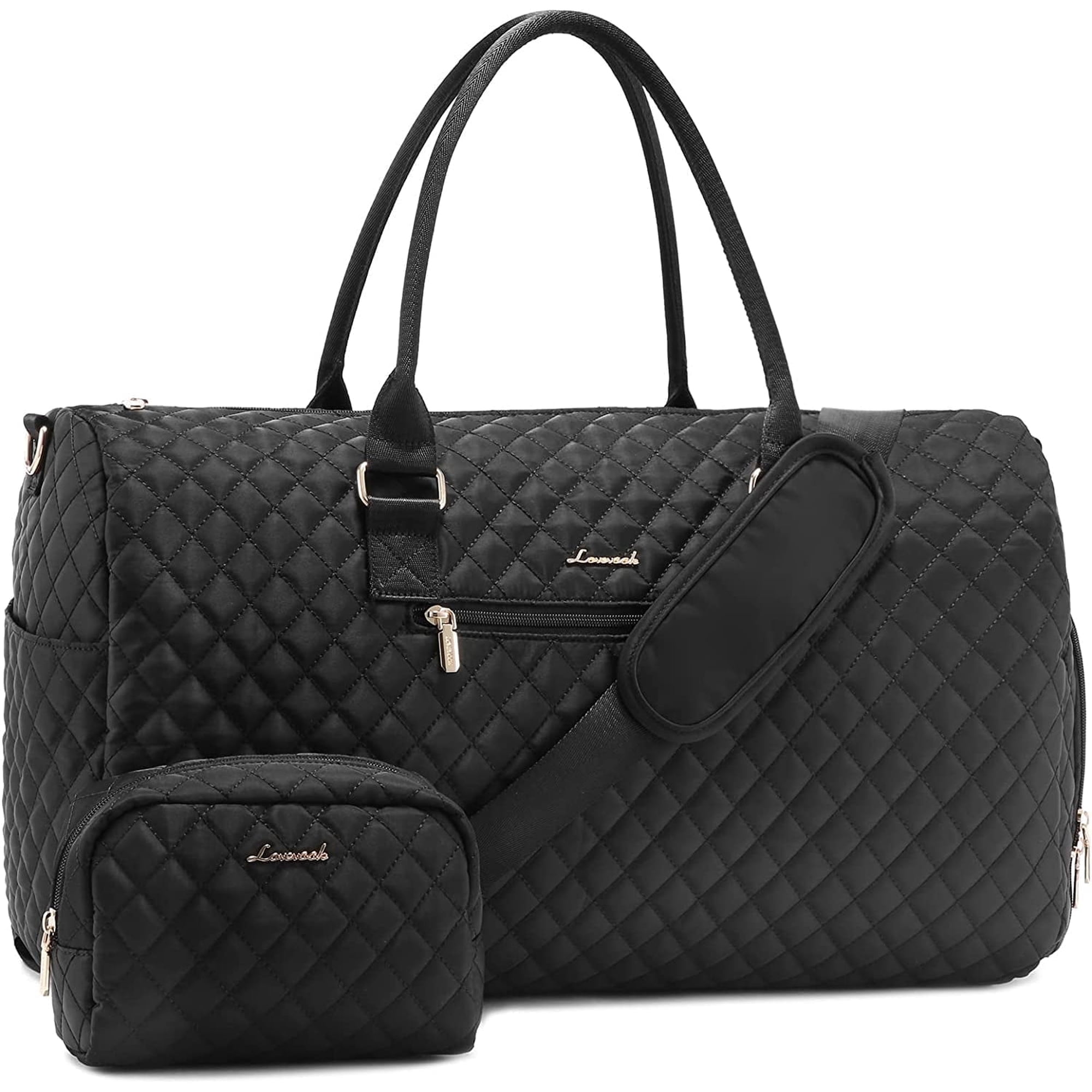 Lovevook Travel Duffle Bag, Quilted Weekender Overnight Bag with Toiletry Bag, Gym Beach Mummy Hospital Bag with Wet Pocket (Black)