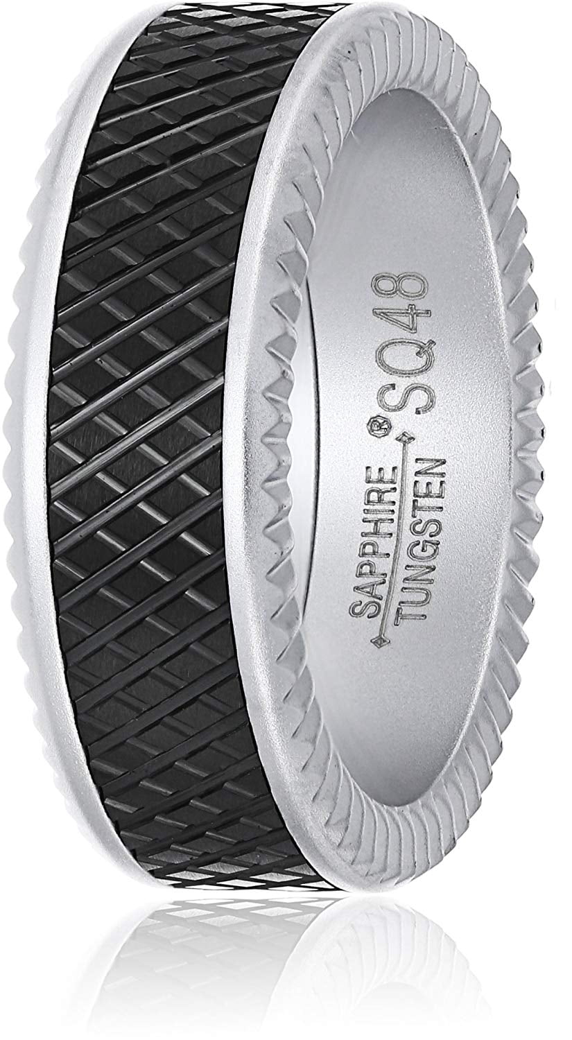 Sapphire Tungsten 8mm Black Crosshatch Finish Matte Titanium Interior Comfort Fit Wedding Bands Rings for Men, Size 10