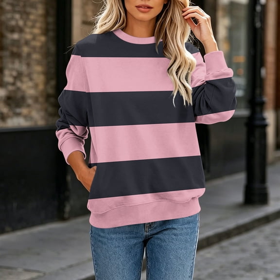 Karymi Summer Tops for Women 2026 Two-Tone Wide Horizontal Stripe Crew Neck Sweatshirt, Long Sleeve Non-Hooded Pullover Top, Block Color Sweatshirt with Side Pockets Womens Tops