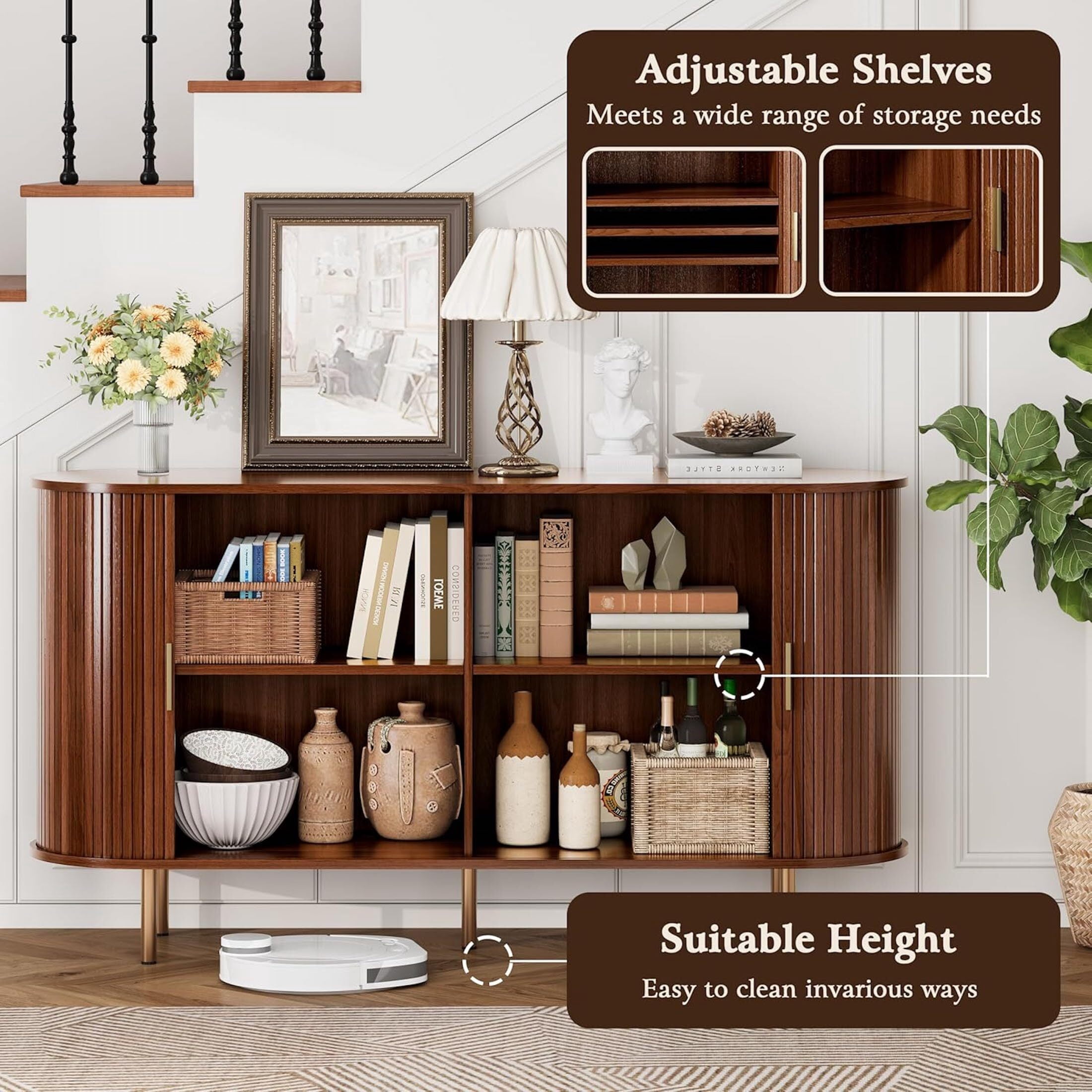 Aisword Sideboard Buffet Cabinet with Storage,Mid Century Modern Fluted Accent Coffee Bar Console Table,Tambour Sliding Doors& Adjustable Shelf for Kitchen, Living Room, Entryway, 55 Inch Walnut