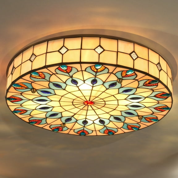 AFANQI Vintage Tiffany ceiling light, handmade chandelier with peacock tail painted shade