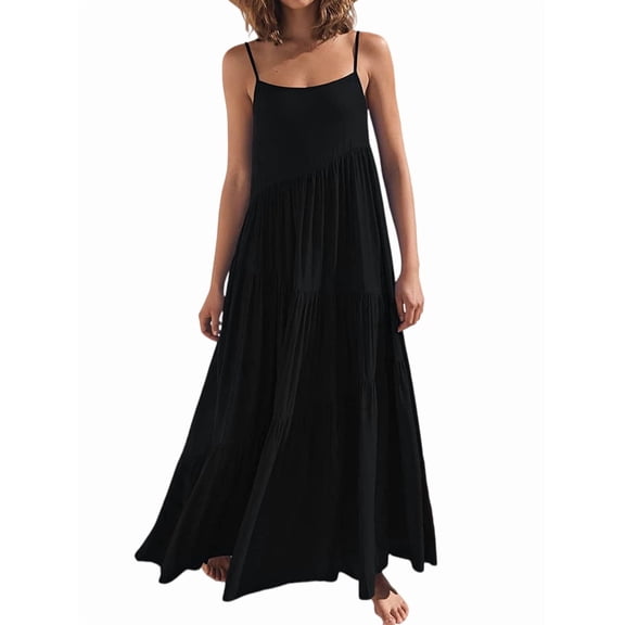 Women's Sleeveless Boho Maxi Loose Sundress Spaghetti Strap Flowy Long Dress for Casual Vacation Black S