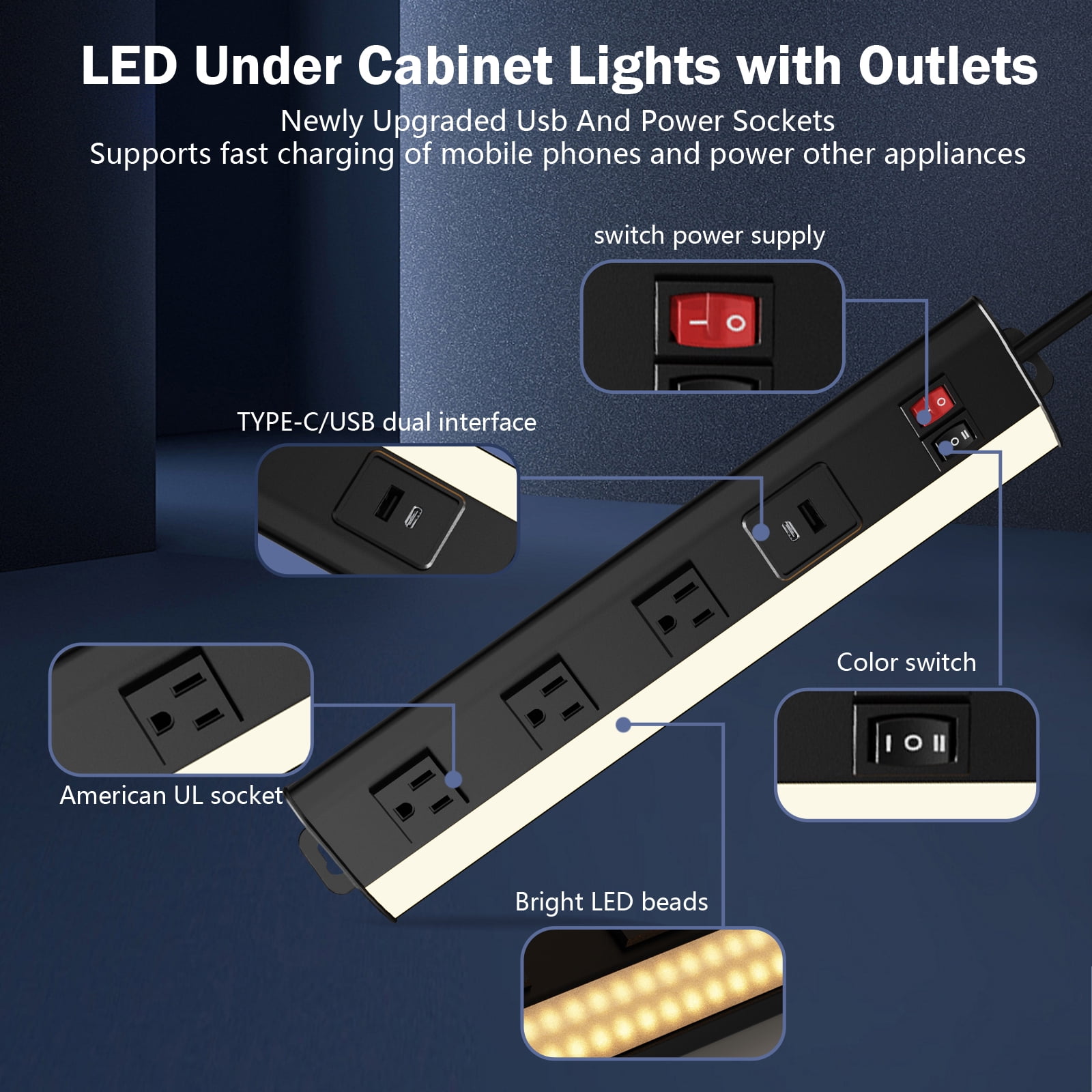 Multi-Functional Power Strip with Under Cabinet Lights Bar, 3 AC Outlets & 2 USB Ports Support USB/Type-C Fast Charging, Aluminum Shell & 2 CCT 3000K/6000K, Under Tool Cabinet Lights