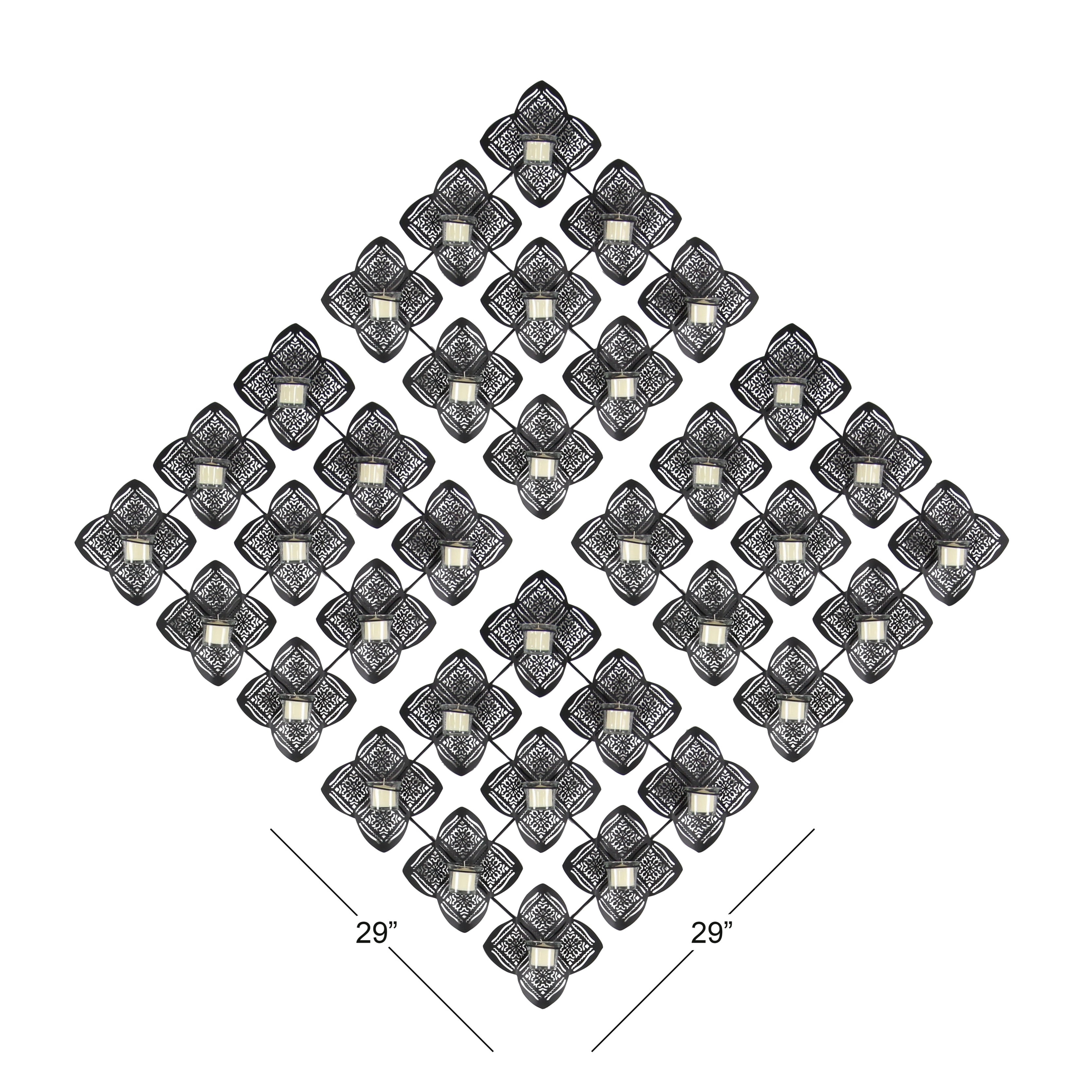 Decmode Set of 4 eclectic 29 inch square iron floral pane votive candle holders, Black