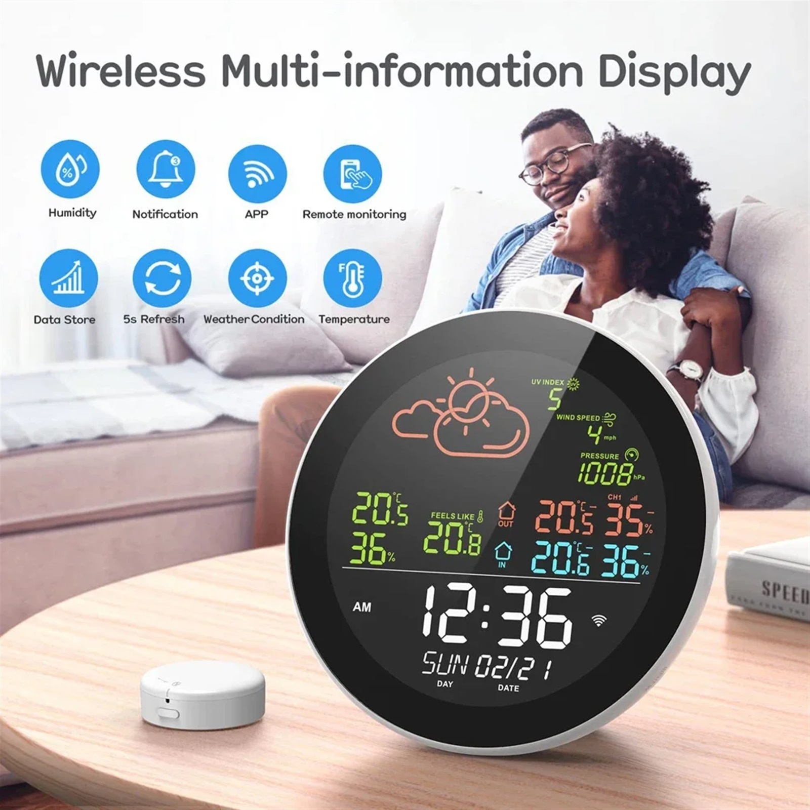 5.3inch Smart Multifunctional Home/Office Weather Station Color Digital Display Clock Outdoor and Indoor Temperature Tester ,High Precision