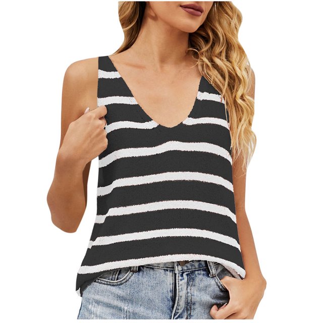 Débardeurs pour Femmes Mode Débardeurs Décontractés pour Femmes Mode Camisole à Rayures en Tricot à Contraste de Couleurs Débardeurs à Col en V Camisoles pour Femmes Débardeurs pour Femmes Camisoles pour Femmes Débardeurs Mode pour Femmes