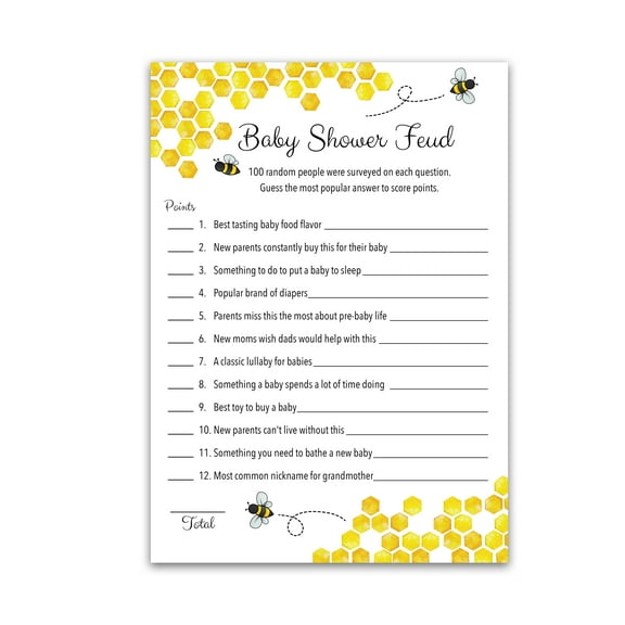 Bee Baby Shower FEUD Game — Pack of 25 — Fun Shower Family Feud Games, Mommy to bee Bumble bee Yellow Baby Shower Activity, Honeybee Bumblebee Rustic Gender Neutral Baby Shower Fued Games G620-BSF