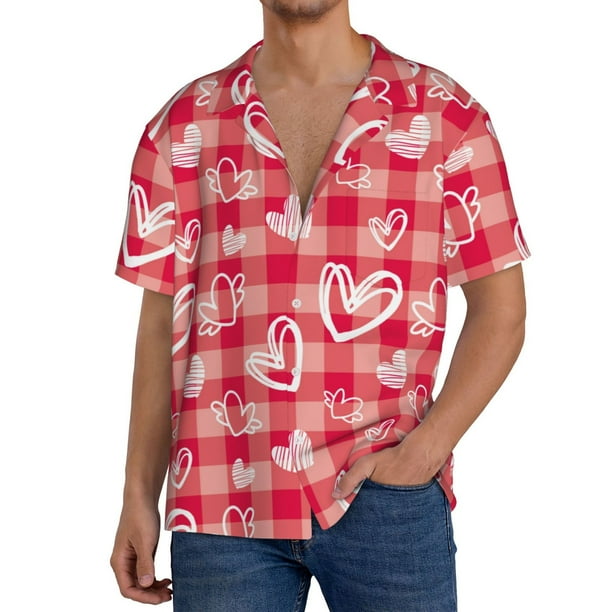 Balery valentine day with heart Camisa Casual de Manga Corta con Botones para Hombre, Texturizada, Estilo Cubano, para Playa, Verano-Medium