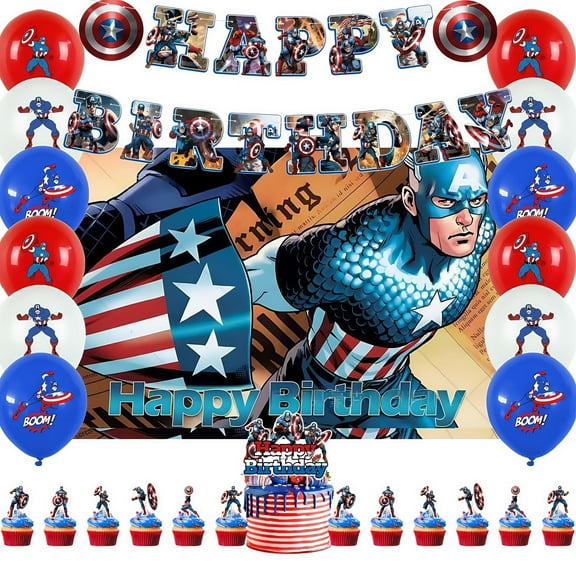 Cartoon Captain America themed birthday party supplies decoration, birthday set includes birthday banner, backdrop, balloons, cake decorations, suitable for boys and girls birthday party supplies
