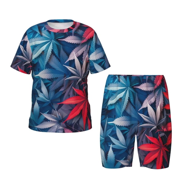 Fotbe Red And Blue Leaves Pijama Estampada de 2 Piezas para Niños – Ropa de Dormir de Manga Corta Cómoda para Niños y Niñas, Camiseta y Shorts de Algodón-3X-Large