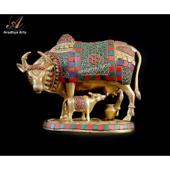 Aradhya Arts Kamdhenu  Cow with calf made of quality brass , 17CM height brass Kamdhenu for Temple, Home Décor, Office and Gifts