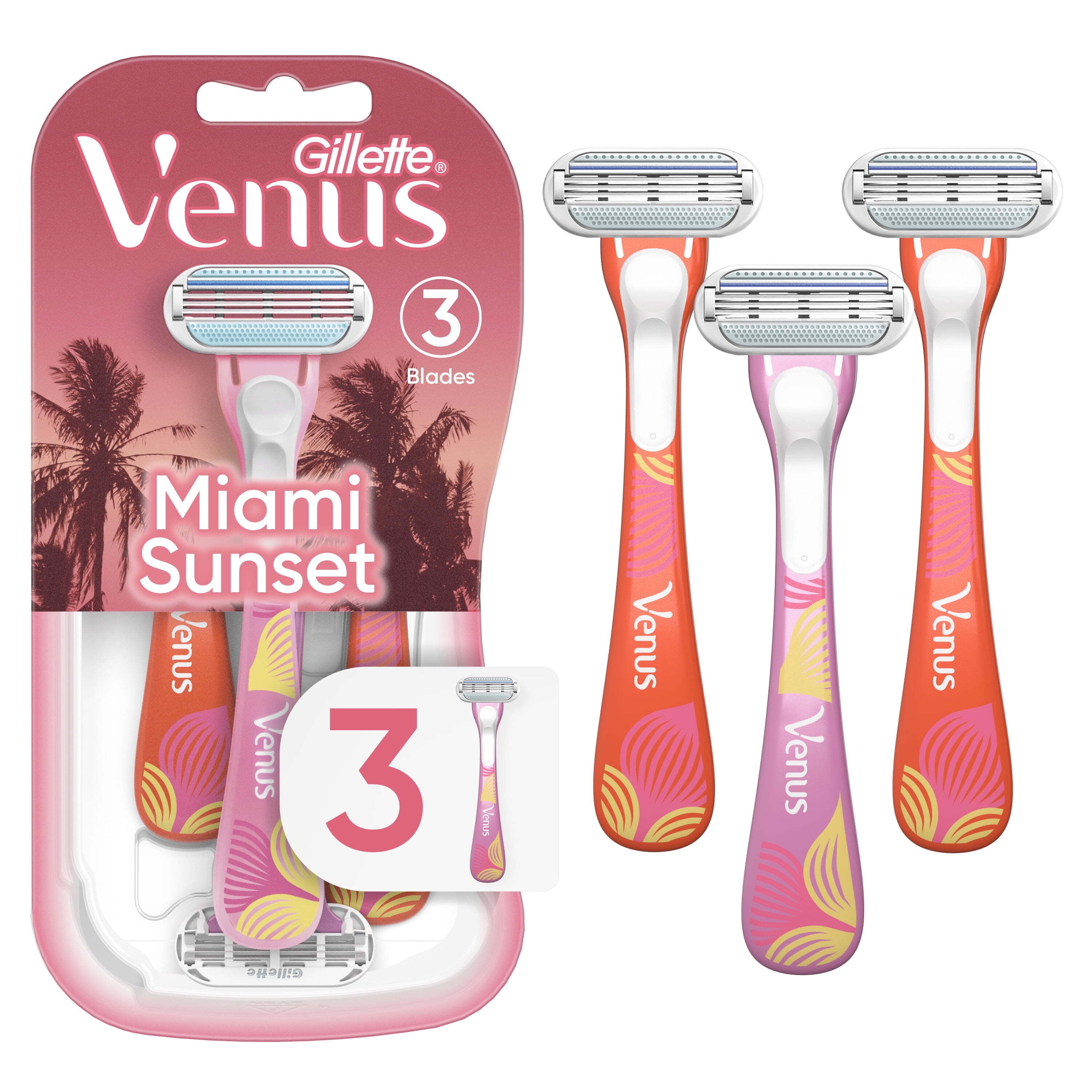 (4 pack) Venus Miami Sunset Smooth Sensitive, Disposable Women's Razors, 3 Ct