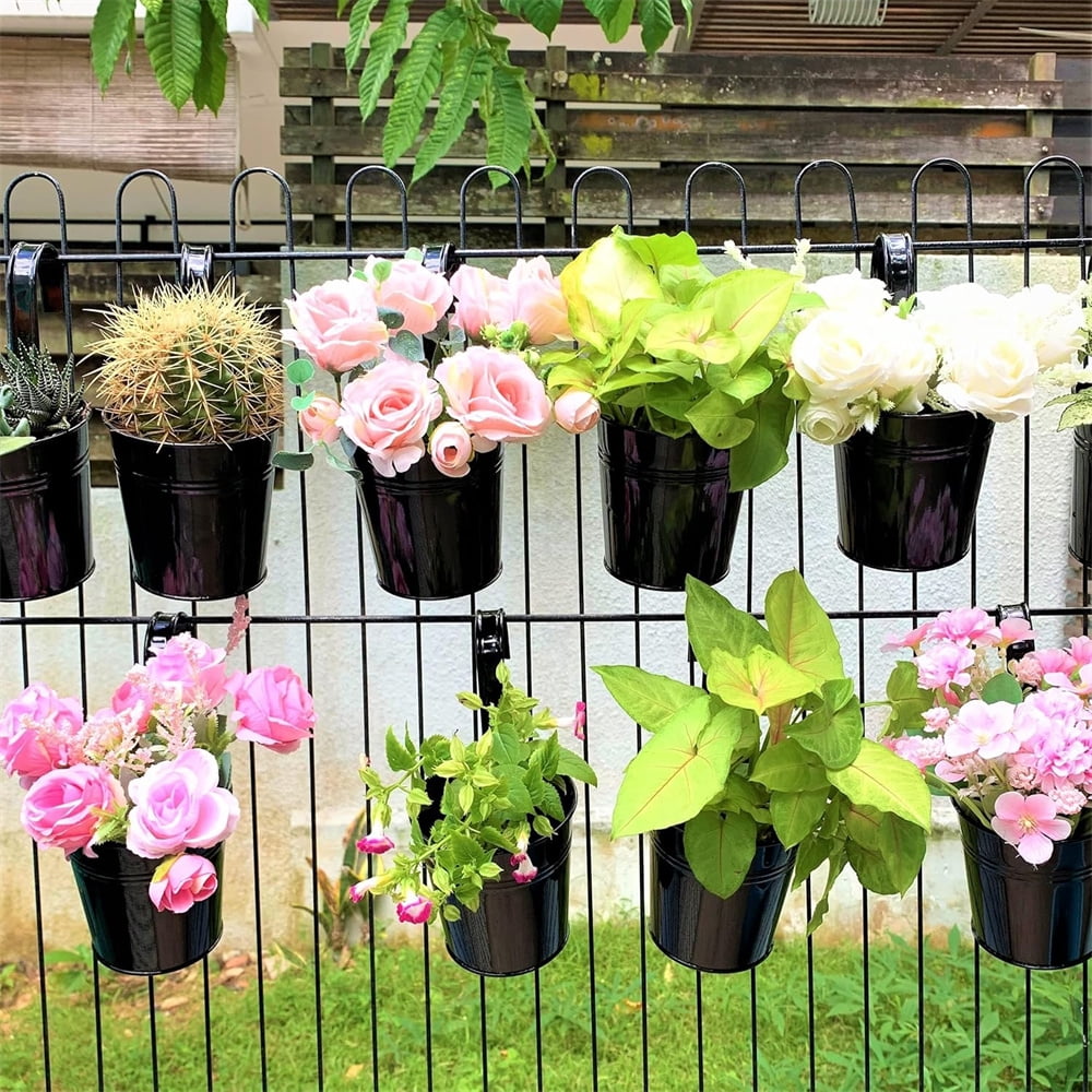 8Pack Black Fence Hanging Planters,Metal Railing Bucket,Iron Flower Pots with Detachable Hook,Outdoor Green Plant Containers,for Home Office Decoration 4Inch